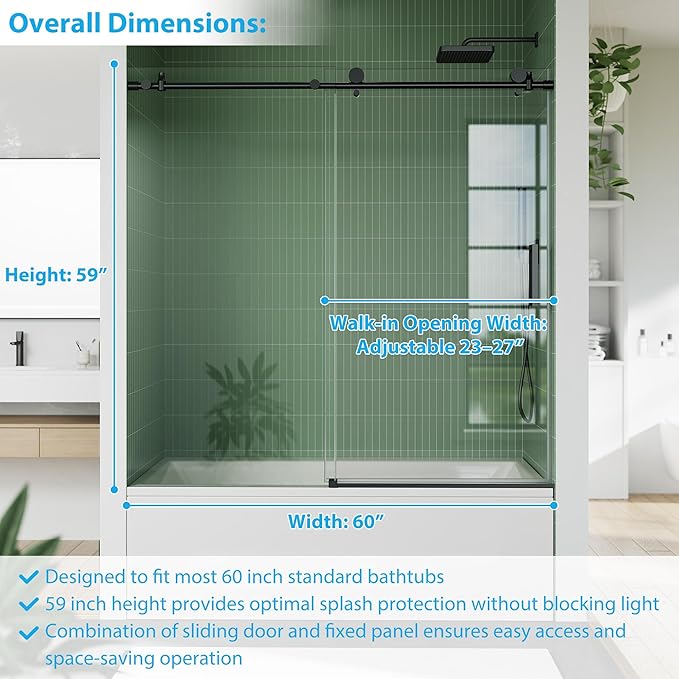 Frameless Bathtub Shower Door 56–60 inch W x 59 inch H,Shower Door Glass Sliding 60 Inches,6mm Tempered Glass, Stainless Steel,Sliding Glass Shower Door with Fixed Panel,Sliding Tub Door for Bathroom