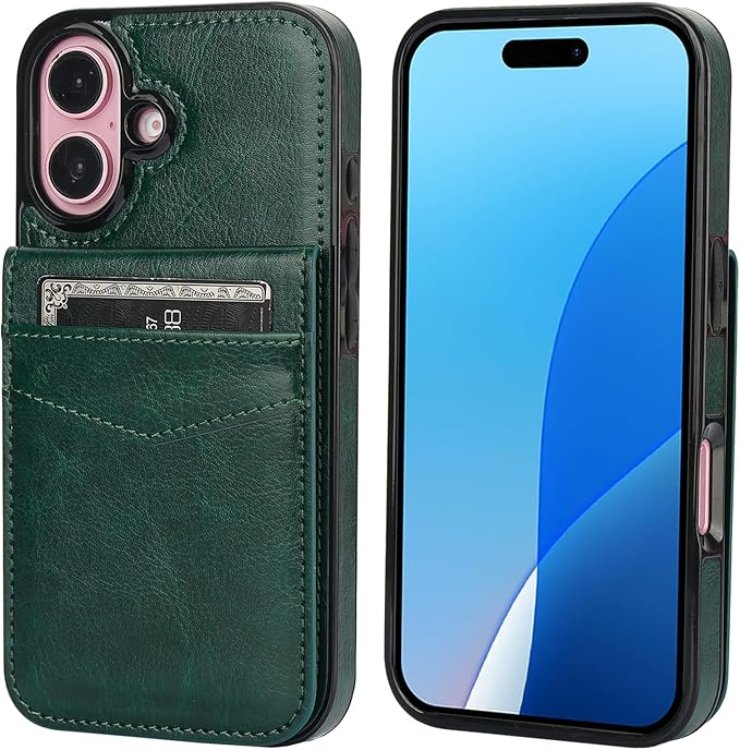 KIHUWEY Compatible with iPhone 16 Case Wallet with Credit Card Holder, Flip Premium Leather Magnetic Clasp Kickstand Heavy Duty Protective Cover for iPhone 16 6.1 Inch (Dark Green)