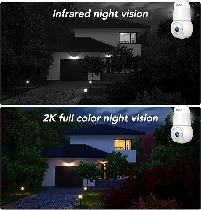 GNCC 2K Light Bulb Security Camera, 2.4GHz Only, 355° Wireless Outdoor Camera, Full-Color Night Vision, Motion Detection, Easy Install, Local & Cloud Storage Requires Subscription (1-Pack, White)