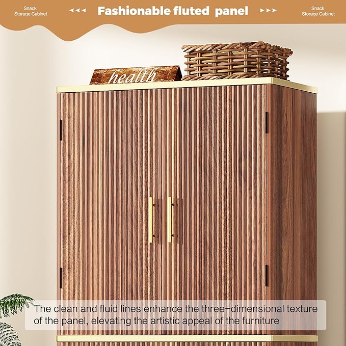 Fluted Pantry Cabinet, 71" Tall Modern Storage Cabinet with 4 Doors, Organizer, Drawer and 8 Door Shelves, Wood Cupboard for Kitchen, Dining Room, Living Room and Bathroom, Walnut