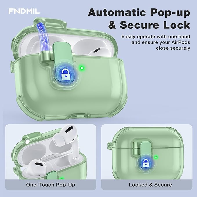 Case for AirPods Pro Case Cover with [Lock Safety & Pop Up][Military Shockproof] Anti-Yellow Transparent Soft TPU Wireless Charging for AirPods Pro Generation Case with Keychain, Clear Green