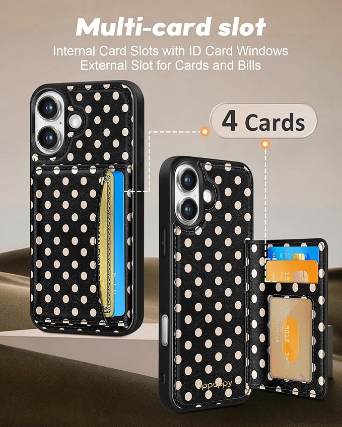 for iPhone 17 Case with Wallet - Fits 4 Card Slots, Compatible with MagSafe for Women Aesthetic Durable PU Leather Credit Card Holder Kickstand Phone Cover for Apple 17, Polka Dots