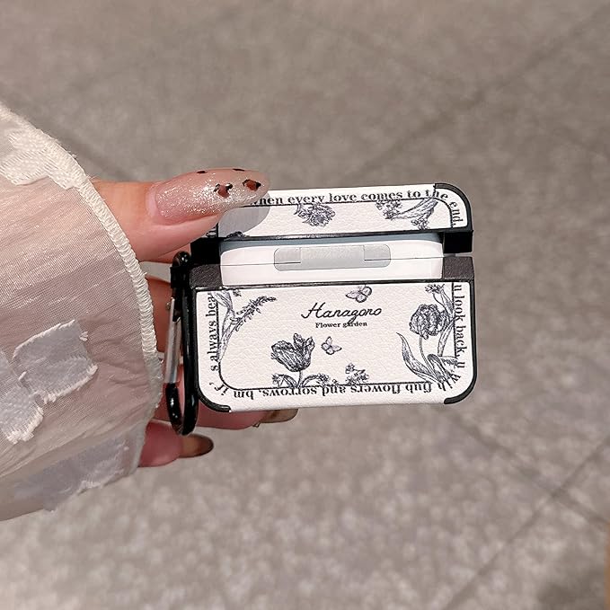 for AirPod Pro 3 Case 2025 for Women Girls Cute Flower Design with Keychain PU Leather Squre Shockproof Protective Cover Compatible with AirPods Pro 3rd Gen Case (Retro Rose White)