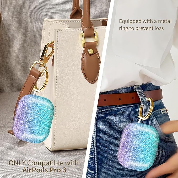 Compatible with AirPods Pro 3 (2025) Case, Airpod Pro 3 Protective Cover with Cute Golden Keychain for Girls & Women (Pink Blue Gradient)