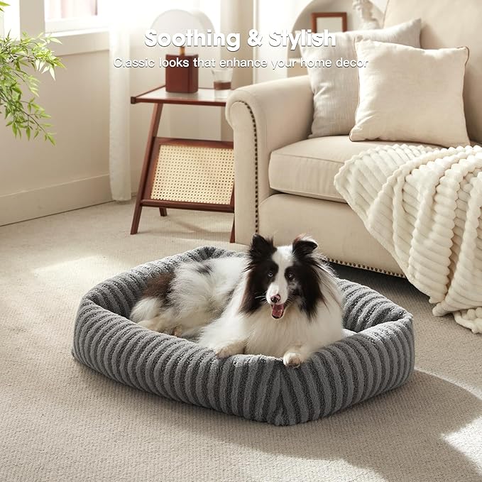 MIXJOY Dog Bed Medium Size Dog, Washable Medium Dogs Bed with Removable Cover, Soft Rectangle Doggy Ded Fluffy Plush Faux Fur Pet Bed with Anti-Slip Bottom, 30"x24"x8", Grey