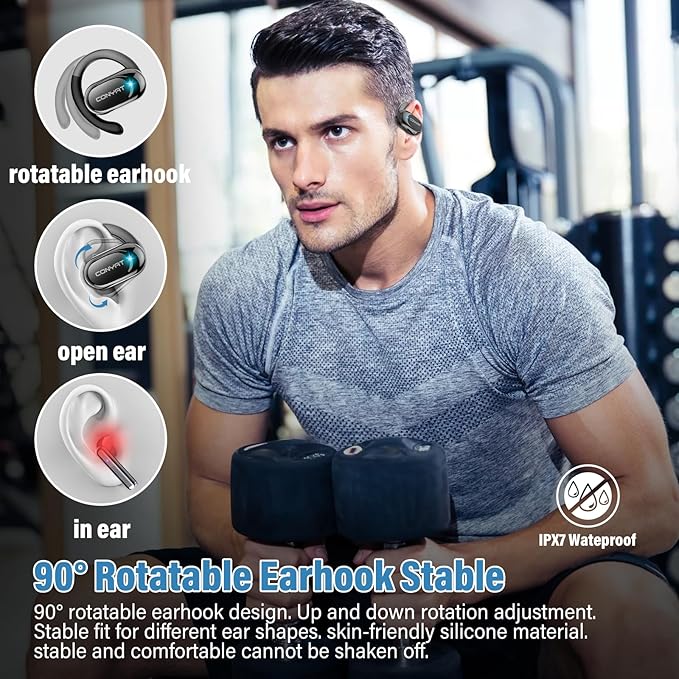 Open Ear Headphones, Wireless Bluetooth 5.4 Earbuds with Big Earhooks, Ultra-Comfort Open Ear Earbuds, 58 Hours HD Stereo Sound Over Ear Earphones, IP7 Waterproof Headset for Workouts, Black