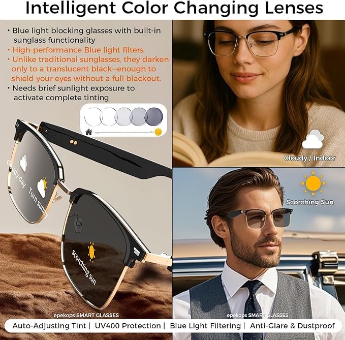 AI Smart Glasses Bluetooth Audio Glasses Sunglasses with Photochromic Lenses, Translation, Music, Calls, Voice Assistant, Open-Ear Stereo Speakers, Blue Light Filter & UV Protection Men Women