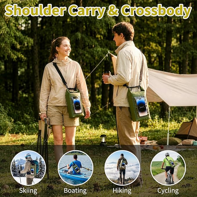 Waterproof Dry Bag, 2L Roll Top Waterproof Bag IPX8 with Crossbody Strap, Phone Clear Window, Phone Pouch Water Protector for Camp Beach Travel, Cruise Essentials, Kayak Accessories (Army Green)