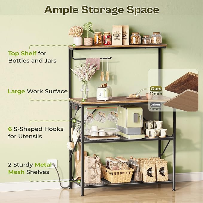 Huuger 4-Tier Bakers Rack with Reversible Power Outlet, 31.5 Inch Microwave Stand with Paper Towel Holder, Kitchen Bar, Larger Storage with Top Shelf, 6 S Hooks, Rustic Brown