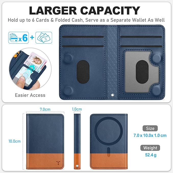 TUCCH for Magsafe Wallet with 6 Card Holders, RFID Blocking [Clear ID Window] PU Leather Folio Magnetic Phone Wallet for iPhone 17/16/15/14/13/12/Plus/Air/Pro/Pro Max Series, Blue & Brown