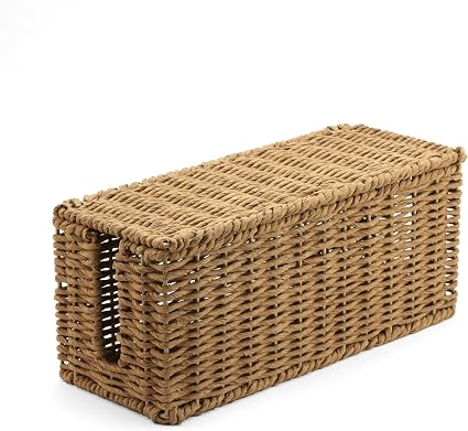 Handwoven Natural Raffia Cable Management Box with Lid – Decorative Cord Organizer for Power Strips, Surge Protectors & Charging Cables – Woven Storage Basket for Home & Office (Natural Raffia)