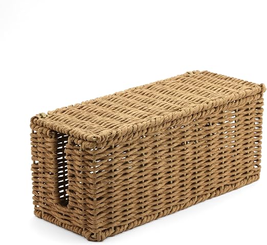 Handwoven Natural Raffia Cable Management Box with Lid – Decorative Cord Organizer for Power Strips, Surge Protectors & Charging Cables – Woven Storage Basket for Home & Office (Natural Raffia)