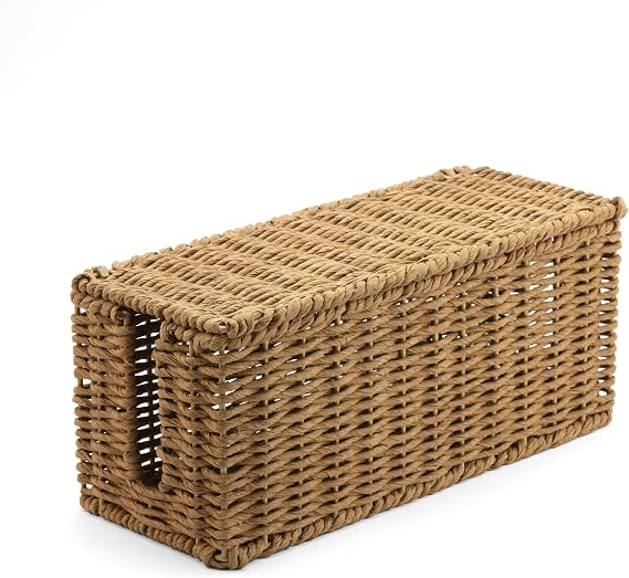 Handwoven Natural Raffia Cable Management Box with Lid – Decorative Cord Organizer for Power Strips, Surge Protectors & Charging Cables – Woven Storage Basket for Home & Office (Natural Raffia)