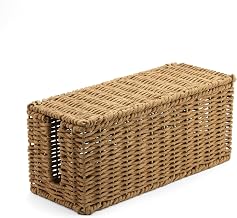 Handwoven Natural Raffia Cable Management Box with Lid – Decorative Cord Organizer for Power Strips, Surge Protectors & Charging Cables – Woven Storage Basket for Home & Office (Natural Raffia)