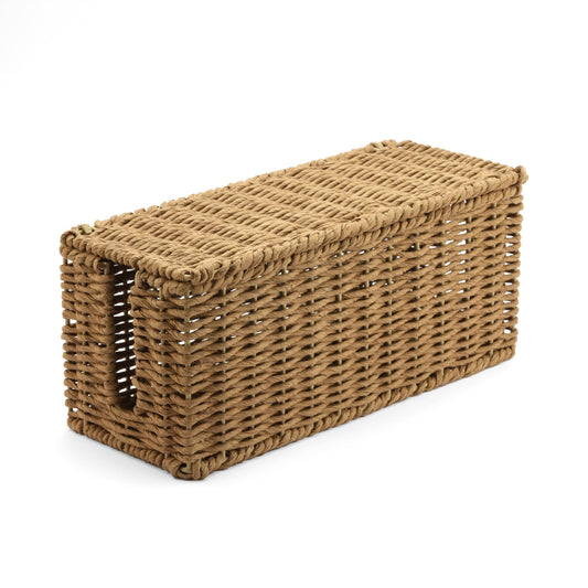 Handwoven Natural Raffia Cable Management Box with Lid – Decorative Cord Organizer for Power Strips, Surge Protectors & Charging Cables – Woven Storage Basket for Home & Office (Natural Raffia)