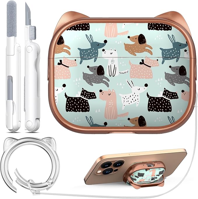 RFUNGUANGO AirPods Pro Case for Women Girly Cat Case with Lock, Phone Stand, Keychain & Cleaner Kit, Compatible with Apple Airpods Pro 2nd/1st Generation Case Cover, Rose Gold Dog