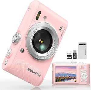 Fansbe Smart Digital Camera, 4K Vlogging Camera with 64MP, Point and Shoot Digital Cameras with 18X Zoom, Anti-Shake, Mode Dial, 32GB SD Card, Card Reader, Charger, Compact Small Cameras, Blush Pink