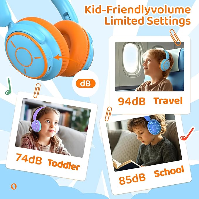 MIDOLA Kids Headphones Bluetooth 5.4 Wireless Volume Limited 85/94dB Hearing Protection Over Ear 68 Hours Playtime Foldable Lightweight Headset Built-in Mic for Toddler Child Travel School Sky Blue