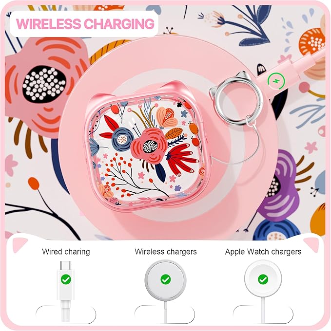 RFUNGUANGO AirPods 4 Case for Women Girly Cat Case with Lock, Phone Stand,Keychain & Cleaner Kit, Compatible with Apple Airpods 4th Generation Case Cover, Pink Flower