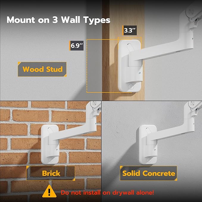 ARES WING Wall Mount Monitor Arm for 17-49 Inch Ultrawide Screens, Heavy Duty Single Monitor Mount Holds 44 lbs, Fully Adjustable Gas Spring Wall Mount, 75x75/100x100 VESA Mount, White