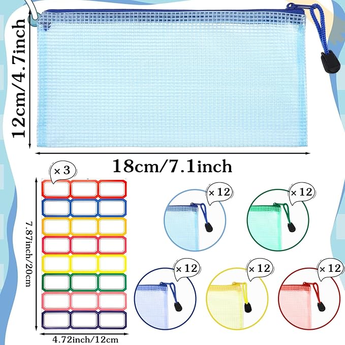 60 Pcs Mesh Zipper Pouch with 72 Labels, Plastic Clear Storage Bags Organizer Set for Travel, Jewelry, Crafts, Office Supplies - 5 Colors, 7.1x4.7 Inch