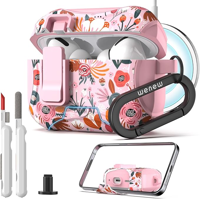 wenew Compatible with AirPods Pro 2nd/1st Generation Case Cover with Phone Stand, Cleaner, Clip, Compatible with Magsafe, One-Click Pop Open Lock iPod Pro Charging Case (Pink 1, AirPods Pro & Pro 2)