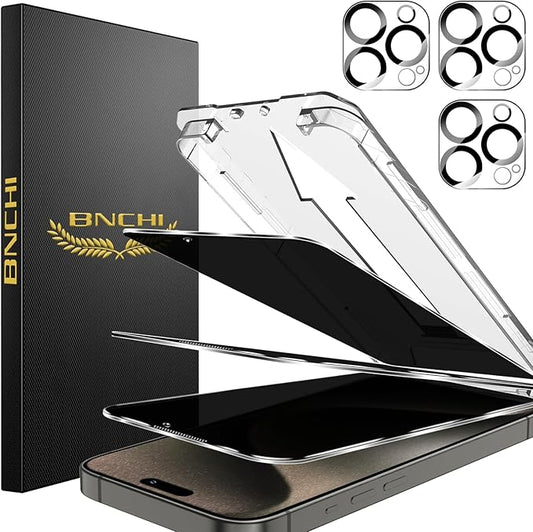 BNCHI 3 Pack for iPhone 15 Pro Max Privacy Screen Protector + 3 Pack Camera Lens Protector, Shatterproof Premium Tempered Glass, Auto-Dust Removal, 28°Anti Spy, 9H Full Coverage Tempered Glass Film
