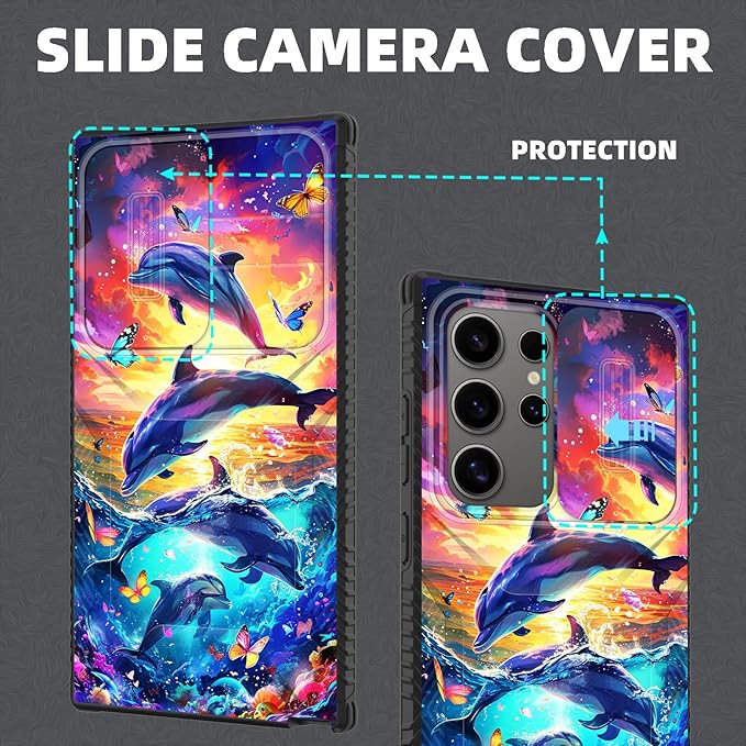 for Galaxy S24 Ultra Case Built in Slide Camera Lens Cover,Heavy Duty Shockproof Protection Dual Layer Case for Samsung Galaxy S24 Ultra 6.8" 2024,Dolphins and Butterflies