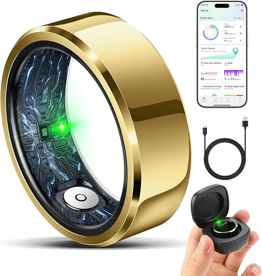 Smart Ring for Women Men, Fashion Minimalist Fitness Ring & Sleep Tracker Ring with Heart Rate, SPO₂,Blood Pressure,5ATM Waterproof Health Ring, No Subscription,Womens Gift(Gold,Size 9)