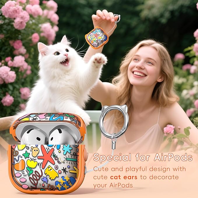 for AirPods 4 Case with Cleaning Kit, Cute Cat Ear Print Design & Cute Buckle, Inverted Phone Holder Design, Top Safe Lock Buckle Design, for Girls AirPods 4 case 2024, Orange Seaworld