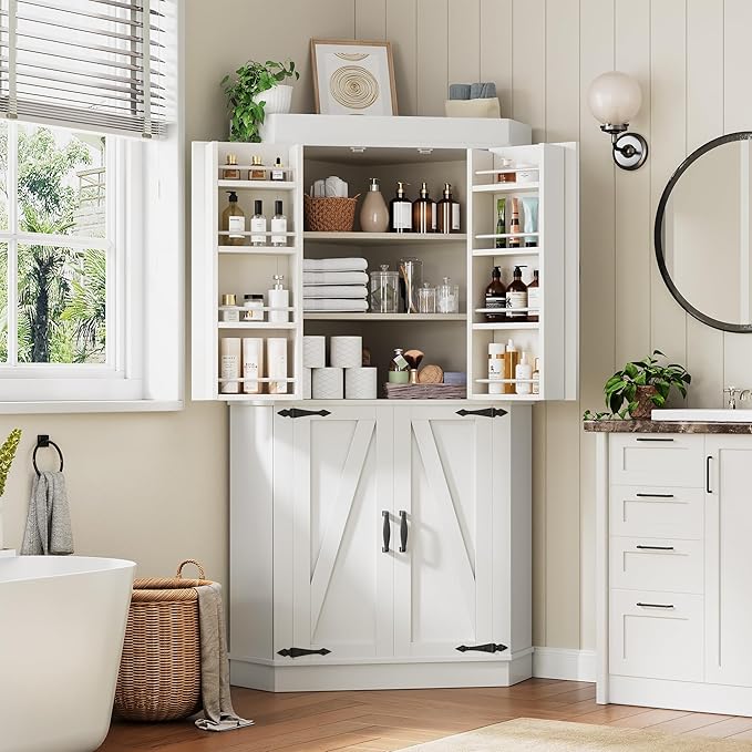 Corner Kitchen Pantry Storage Cabinet with Doors, Kitchen Hutch, 71'' Tall Food Storage Cabinet Furniture for Living Room, Dining Room (White)