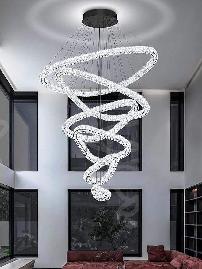 Flashing God Modern 6 Ring Crystal Chandeliers for High Ceiling Large Foyer Chandeliers LED Dimmable Crystal Ceiling Light Fixtures for Entryway Living Room Staircase Black