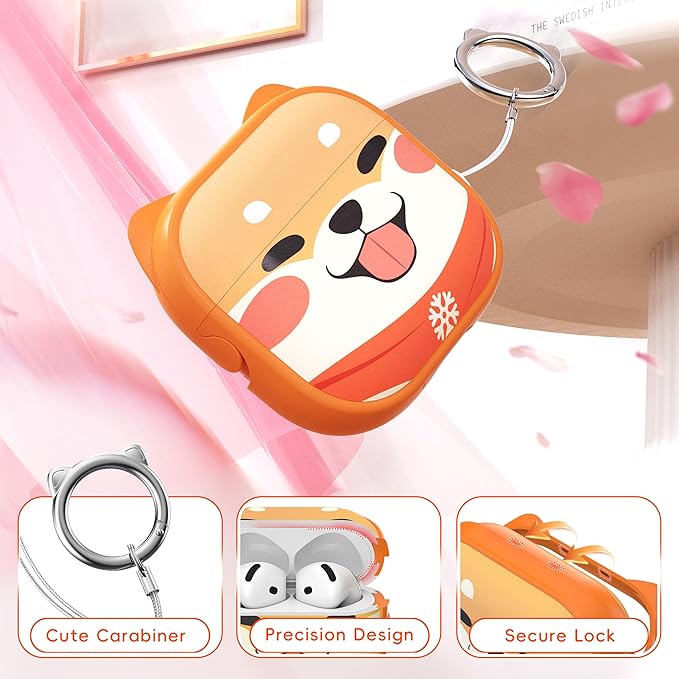 for AirPods 4 Case with Cleaning Kit, Cute Cat Ear Print Design & Cute Buckle, Inverted Phone Holder Design, Top Safe Lock Buckle Design, for Girls AirPods 4 case 2024, Orange Dog