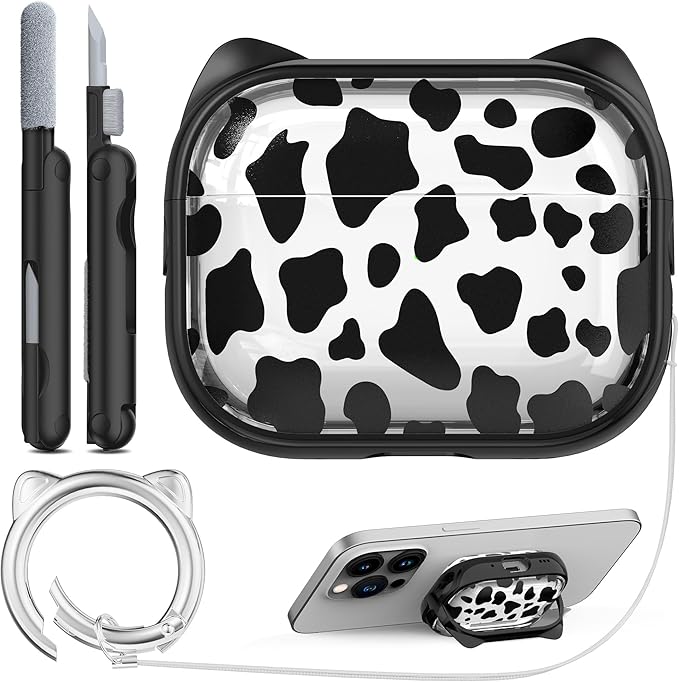 RFUNGUANGO AirPods Pro Case for Women Girly Cat Case with Lock, Phone Stand, Keychain & Cleaner Kit, Compatible with Apple Airpods Pro 2nd/1st Generation Case Cover, Transparent Leopard Print