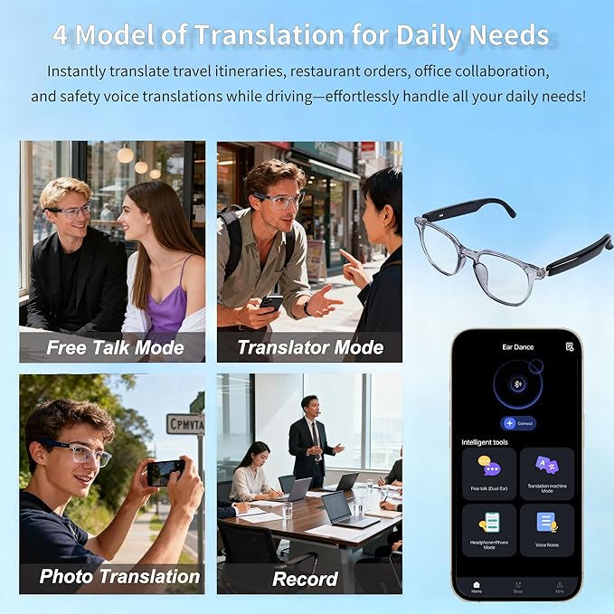 Ai Smart Glasses Bluetooth 5.4 with Translation for Men Women 160+Languages Color-Change Lens Chat GPT Assistant Free App Translator Glasses Meeting,Driver,Travel
