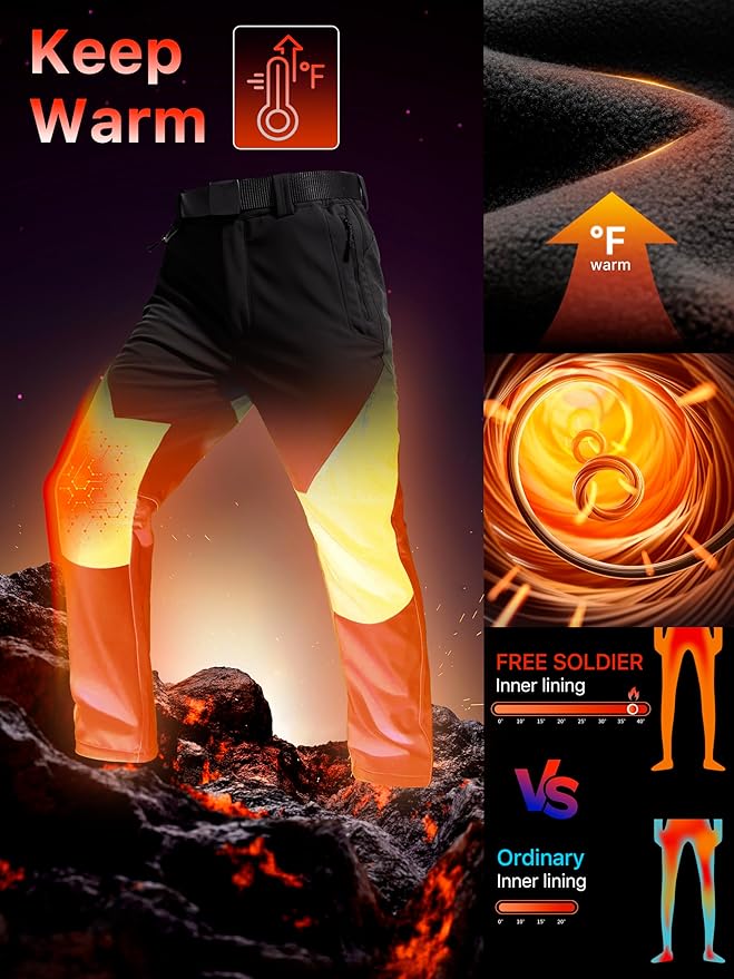 FREE SOLDIER Men's Fleece Lined Outdoor Cargo Hiking Pants Water Repellent Softshell Snow Ski Pants with Zipper Pockets