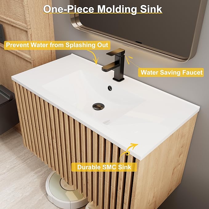 eclife 36" Floating Bathroom Vanity with Sink Combo, Modern Wall Mounted Cabinet with 2 Fluted Drawers, Undermount Sink, Faucet, Drain, Mixed Natural
