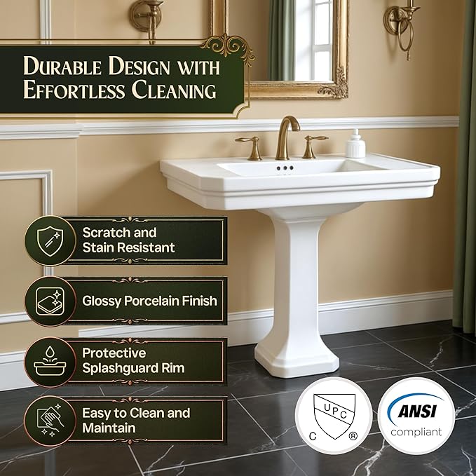 Renovators Supply Victorian 32" W Large Pedestal Bathroom Sink – Heavy-Duty White Porcelain, Pre-Drilled Widespread Faucet Holes, and Overflow