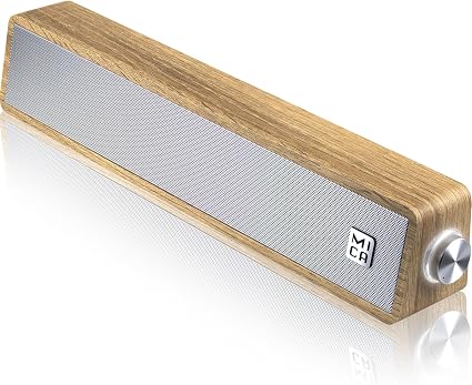 MICA Computer Speakers, Vintage Wired Computer Sound Bar, Retro Wooden Mini Soundbar, USB Powered PC Speakers for Desktop Monitor, Laptop, Tablet, 3.5mm Aux Connection, Angled (Yellow)