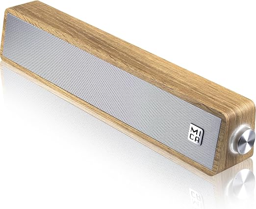 MICA Computer Speakers, Vintage Wired Computer Sound Bar, Retro Wooden Mini Soundbar, USB Powered PC Speakers for Desktop Monitor, Laptop, Tablet, 3.5mm Aux Connection, Angled (Yellow)