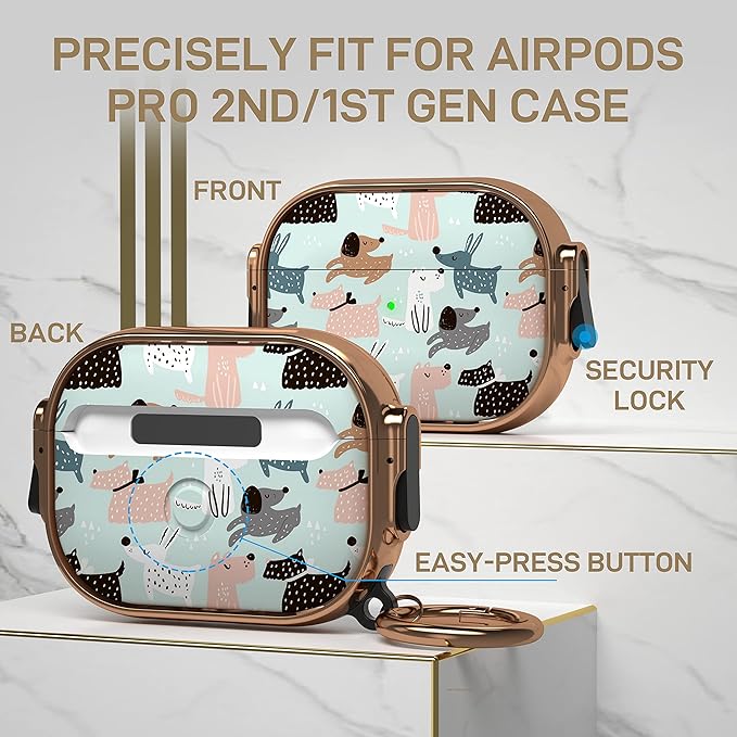 Maxjoy for AirPods Pro 2nd/1st Generation Case with Lock, Cute AirPods Pro 2 Case Lock Protective Hard AirPod Pro Cover for Women Men with Keychain for Airpod Pro (2023/2022/2019), Dog