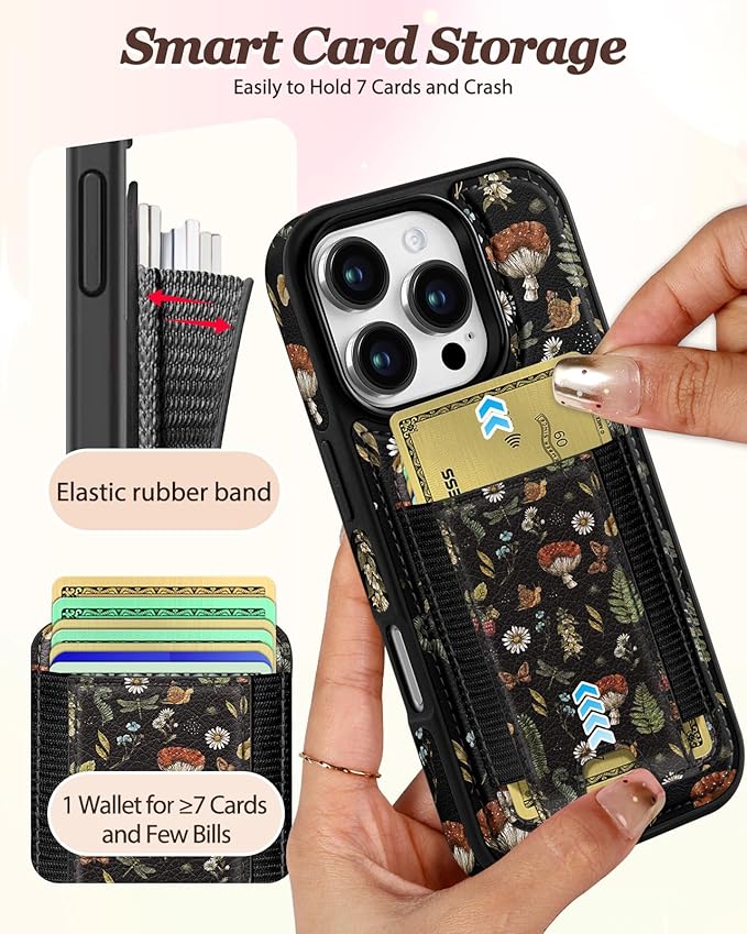 Shorogyt for iPhone 16 Pro Max Case Wallet - Fits 5 Cards, Compatible with Magsafe Detachable Magnetic Credit Card Holder Leather Cardholder Cute Phone Cover Women Girls for Apple 16 ProMax, Mushroom