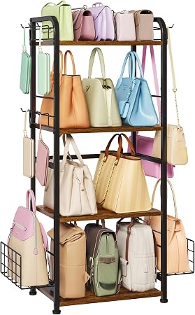 koozuuyk 4-Tier Purse Organizer for Closet with 3 Side Hooks and 2 Baskets, High Capacity Purse Rack Stand for Purse Storage, Metal & Wood Handbag Holder for Handbag Organizer, Patent Pending