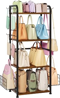 koozuuyk 4-Tier Purse Organizer for Closet with 3 Side Hooks and 2 Baskets, High Capacity Purse Rack Stand for Purse Storage, Metal & Wood Handbag Holder for Handbag Organizer, Patent Pending