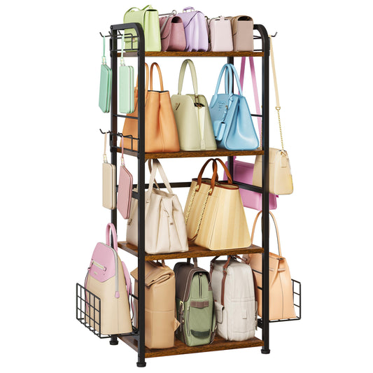 koozuuyk 4-Tier Purse Organizer for Closet with 3 Side Hooks and 2 Baskets, High Capacity Purse Rack Stand for Purse Storage, Metal & Wood Handbag Holder for Handbag Organizer, Patent Pending