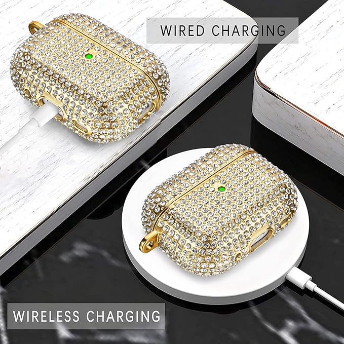 Case for AirPods Pro 2nd Generation, Filoto Cute AirPod Pro 2 Protective Case Cover for Women Girls, Bling Crystal PC Apple Air Pods Pro Cases Accessories with Lobster Clasp Keychain, Gold