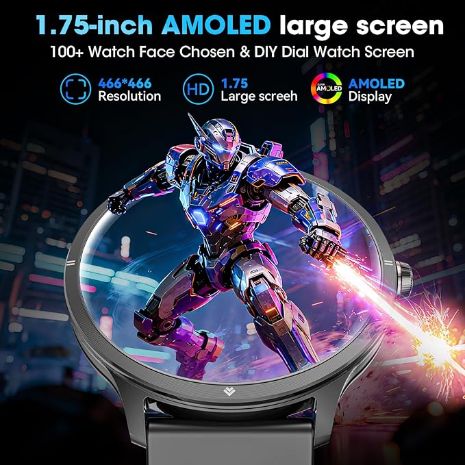 Smart Watch, 1.75" AMOLED Smartwatch for Men Women(Answer/Make Call), Fitness Activity Tracker Heart Rate/Sleep Monitor/Pedometer, IP68 Waterproof, 100+ Sport Modes Smart Watches for Android iPhone