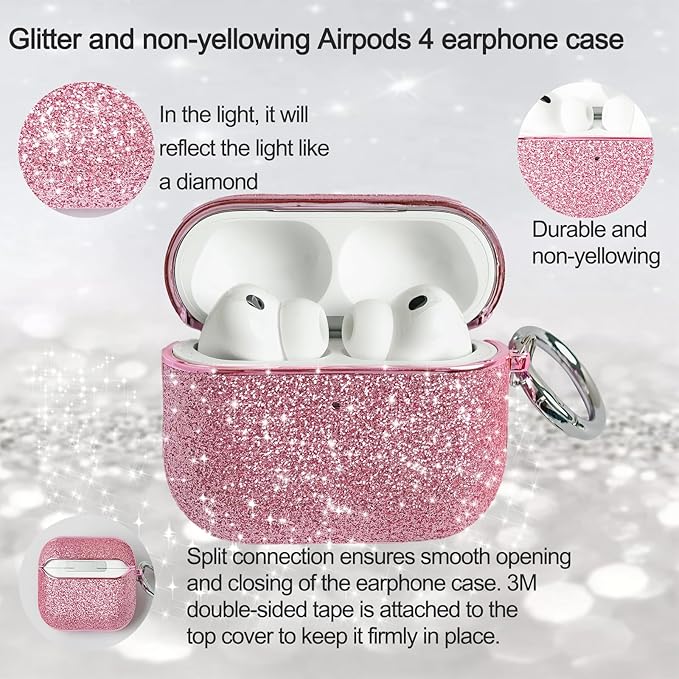 for Cute Glitter AirPods 4 Case for Women| Bling Hard Airpod iPods 4 Cases | with Keychain | Sparkly Rhinestone Air Pods 4 Generation Case for Women Girl- Model A3058/A3059(Pink)