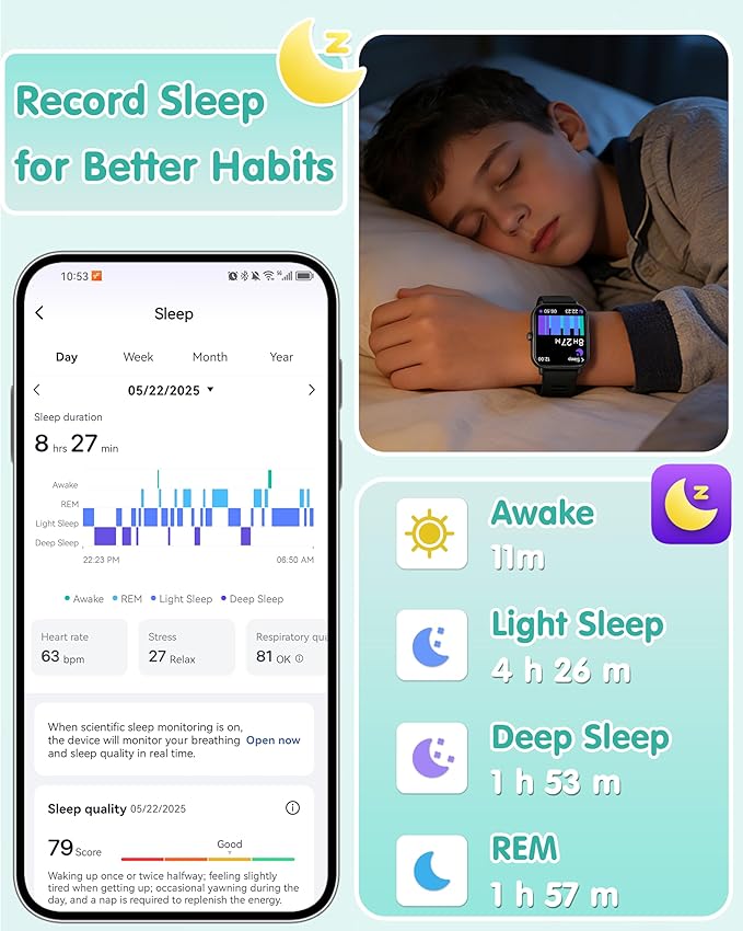 Kids Smart Watch, Kids Watch No Phone Needed Heart Rate & Sleep Tracker, Stress & SpO2 Monitor, 1.8" Fitness Tracker Step Counter, Alarm Clock, Games, Swimming Watch for Boys Girls Teens Aged 5+