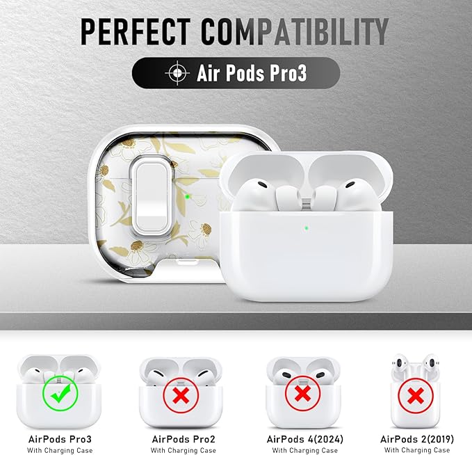 Compatible Airpods Pro 3 Case (2025) with Phone Stand & Cleaner Kit,Cute Flower Print Soft Silicone Lock Clip Apple AirPods Pro 3rd Generation Case, Airpod Pro 3 Cover with Keychain for Women/Girls